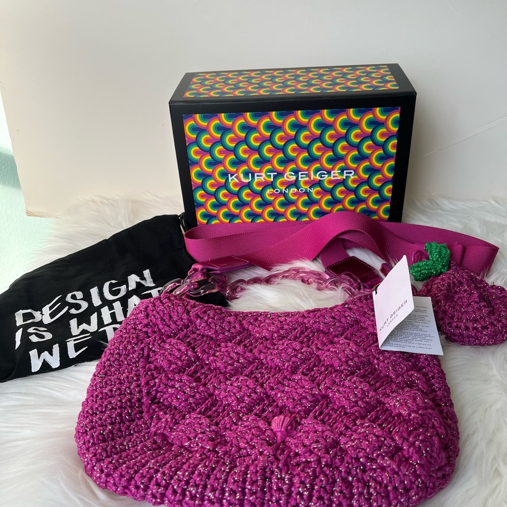 Kurt Geiger shimmery crochet cross body bag with coin purse in pink